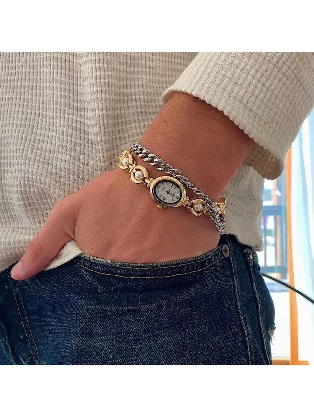 Luxury Y2K style Gold round stainless steel quartz pearl stone charm watch